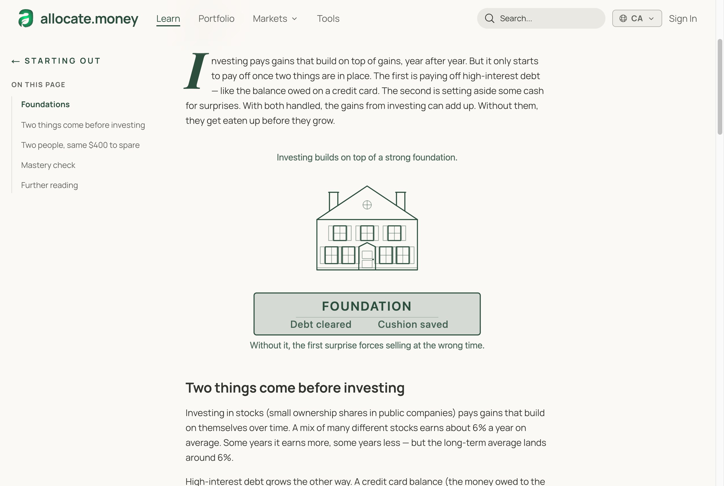 An allocate.money lesson page: plain-language paragraphs on investing foundations beside a line-art illustration of a house labelled Foundation.